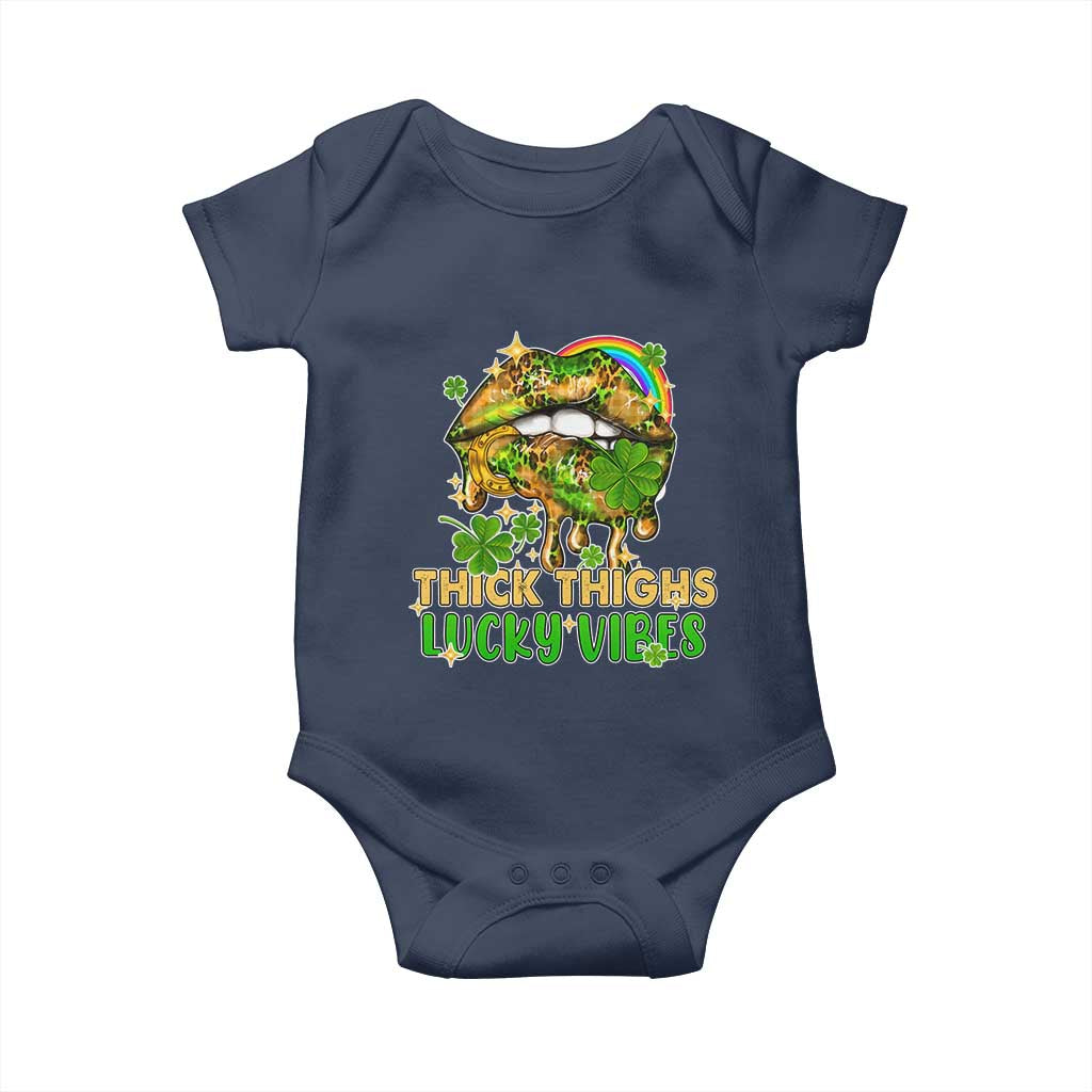 Funny St Patricks Day Women Baby Onesie Thick Thighs Lucky Vibes Leopard Biting Lips TS02 Navy Print Your Wear