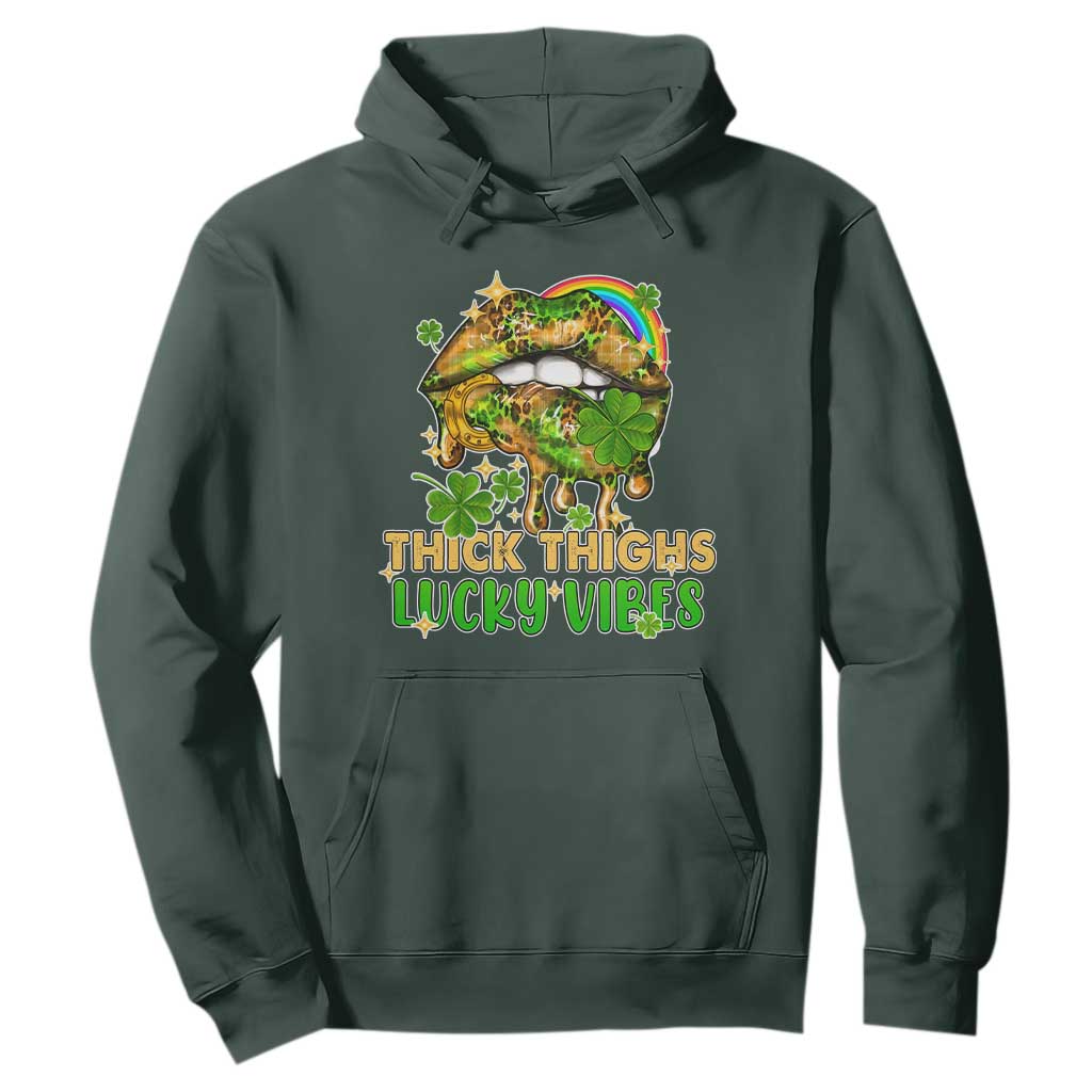 Funny St. Patricks Day Women Hoodie Thick Thighs Lucky Vibes Leopard Biting Lips TS02 Dark Forest Green Printyourwear
