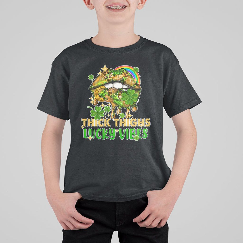 Funny St. Patricks Day Women T Shirt For Kid Thick Thighs Lucky Vibes Leopard Biting Lips TS02 Black Print Your Wear
