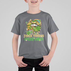 Funny St. Patricks Day Women T Shirt For Kid Thick Thighs Lucky Vibes Leopard Biting Lips TS02 Charcoal Print Your Wear