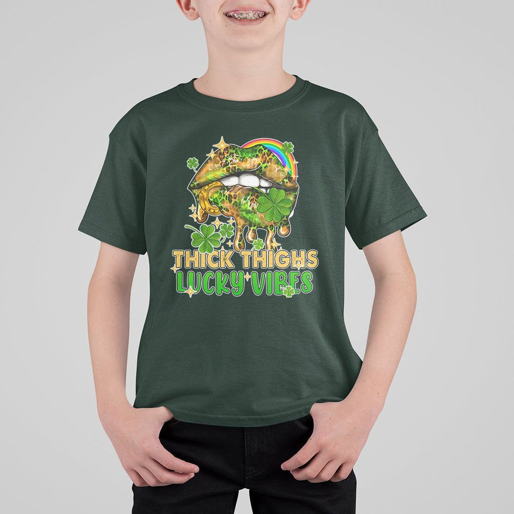 Funny St. Patricks Day Women T Shirt For Kid Thick Thighs Lucky Vibes Leopard Biting Lips TS02 Dark Forest Green Print Your Wear
