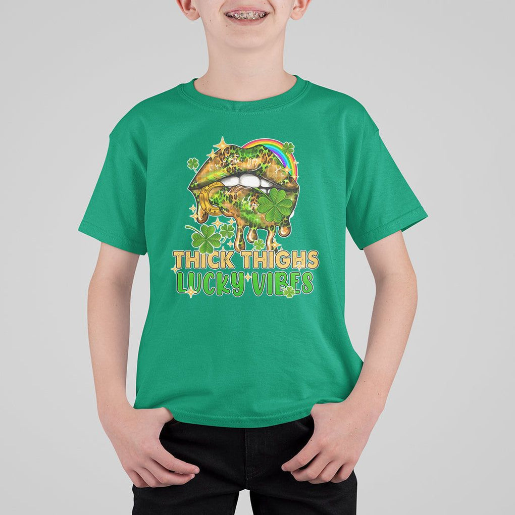 Funny St. Patricks Day Women T Shirt For Kid Thick Thighs Lucky Vibes Leopard Biting Lips TS02 Irish Green Print Your Wear