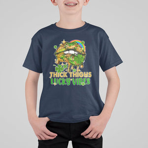 Funny St. Patricks Day Women T Shirt For Kid Thick Thighs Lucky Vibes Leopard Biting Lips TS02 Navy Print Your Wear