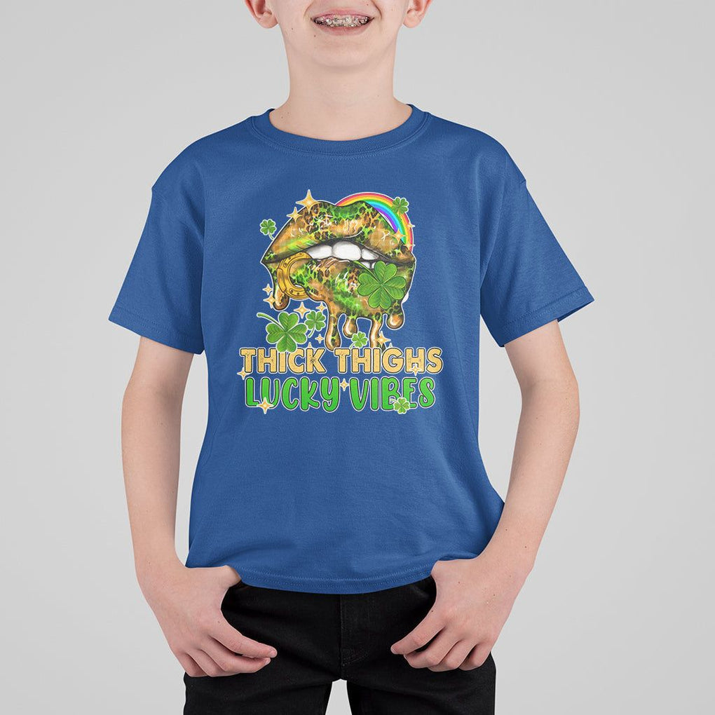 Funny St. Patricks Day Women T Shirt For Kid Thick Thighs Lucky Vibes Leopard Biting Lips TS02 Royal Blue Print Your Wear
