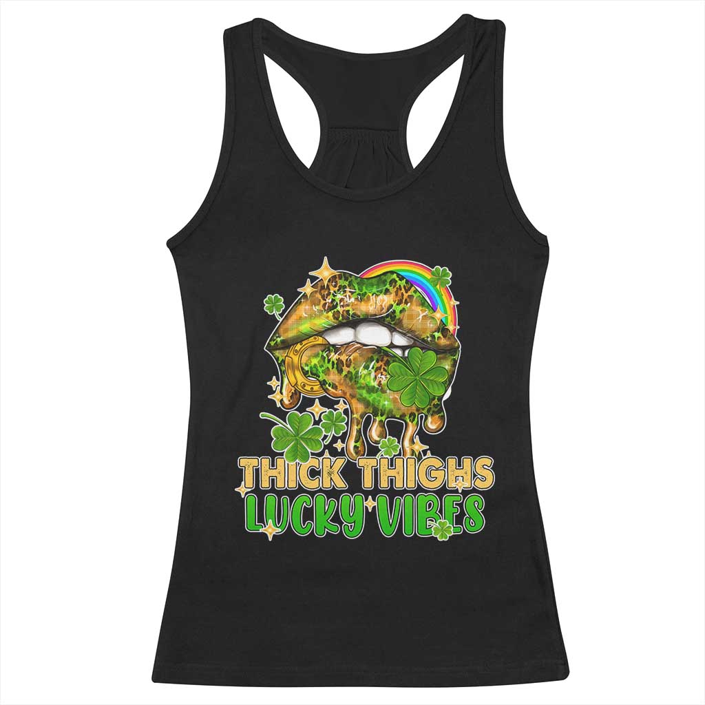 Funny St Patricks Day Women Racerback Tank Top Thick Thighs Lucky Vibes Leopard Biting Lips TS02 Black Print Your Wear