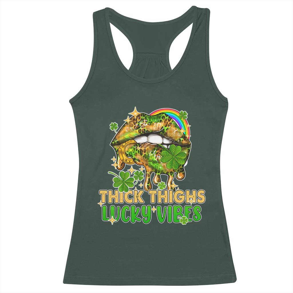 Funny St Patricks Day Women Racerback Tank Top Thick Thighs Lucky Vibes Leopard Biting Lips TS02 Dark Forest Green Print Your Wear