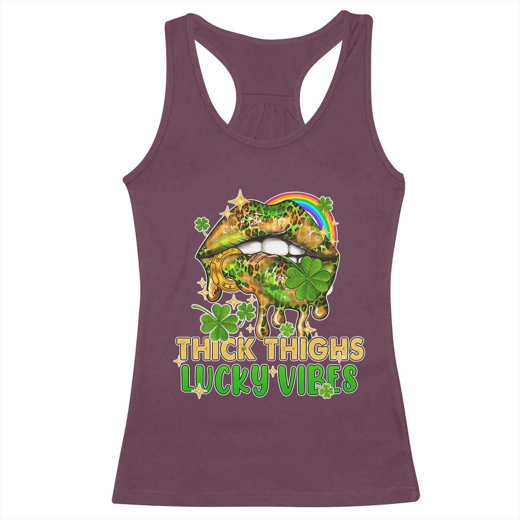 Funny St Patricks Day Women Racerback Tank Top Thick Thighs Lucky Vibes Leopard Biting Lips TS02 Maroon Print Your Wear