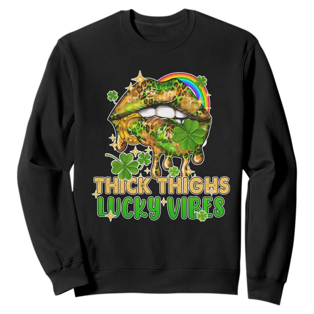 Funny St. Patricks Day Women Sweatshirt Thick Thighs Lucky Vibes Leopard Biting Lips TS02 Black Printyourwear