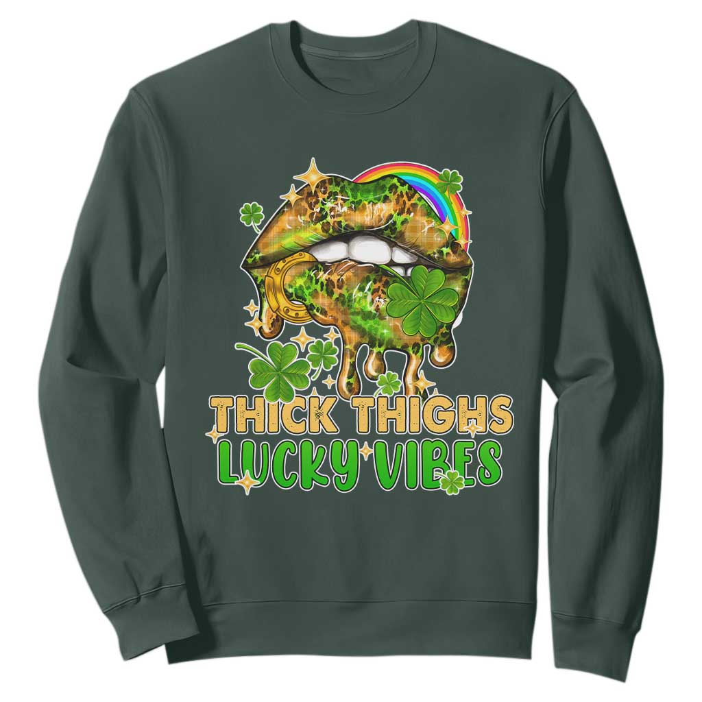 Funny St. Patricks Day Women Sweatshirt Thick Thighs Lucky Vibes Leopard Biting Lips TS02 Dark Forest Green Printyourwear