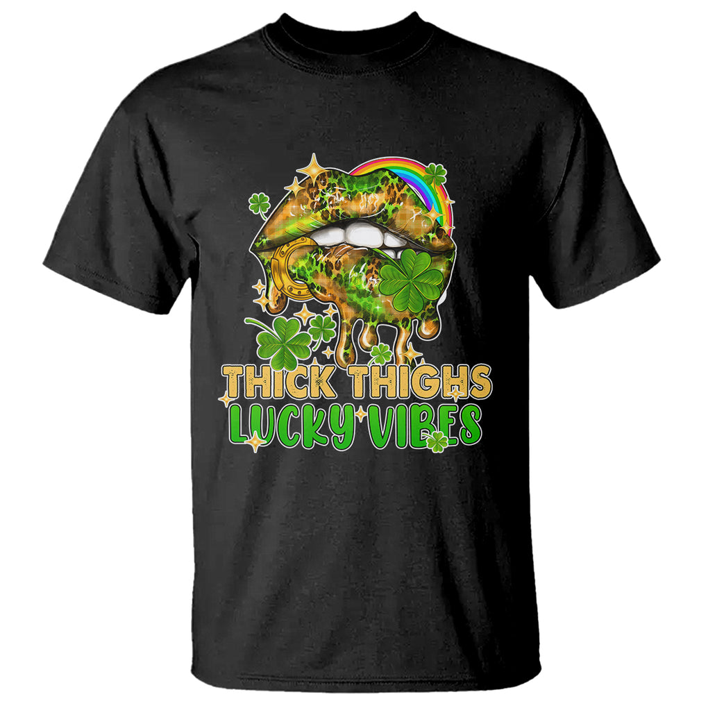 Funny St. Patricks Day Women T Shirt Thick Thighs Lucky Vibes Leopard Biting Lips TS02 Black Printyourwear