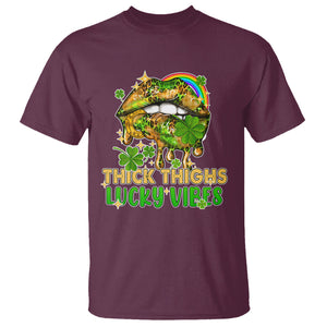 Funny St. Patricks Day Women T Shirt Thick Thighs Lucky Vibes Leopard Biting Lips TS02 Maroon Printyourwear