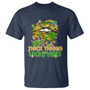 Funny St. Patricks Day Women T Shirt Thick Thighs Lucky Vibes Leopard Biting Lips TS02 Navy Printyourwear