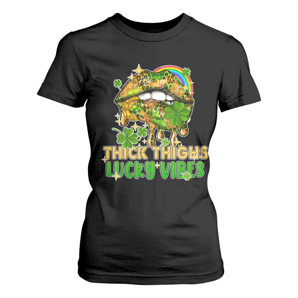 Funny St Patricks Day Women T Shirt For Women Thick Thighs Lucky Vibes Leopard Biting Lips TS02 Black Print Your Wear