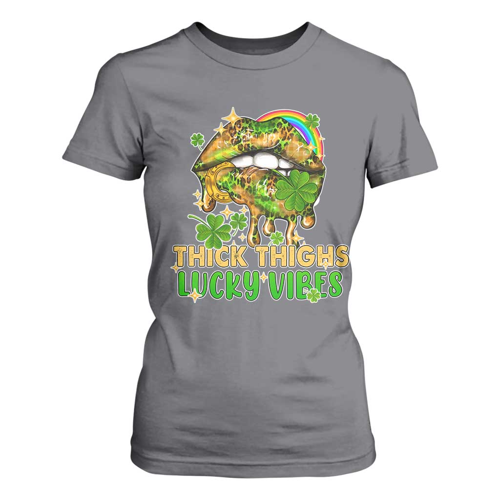 Funny St Patricks Day Women T Shirt For Women Thick Thighs Lucky Vibes Leopard Biting Lips TS02 Charcoal Print Your Wear