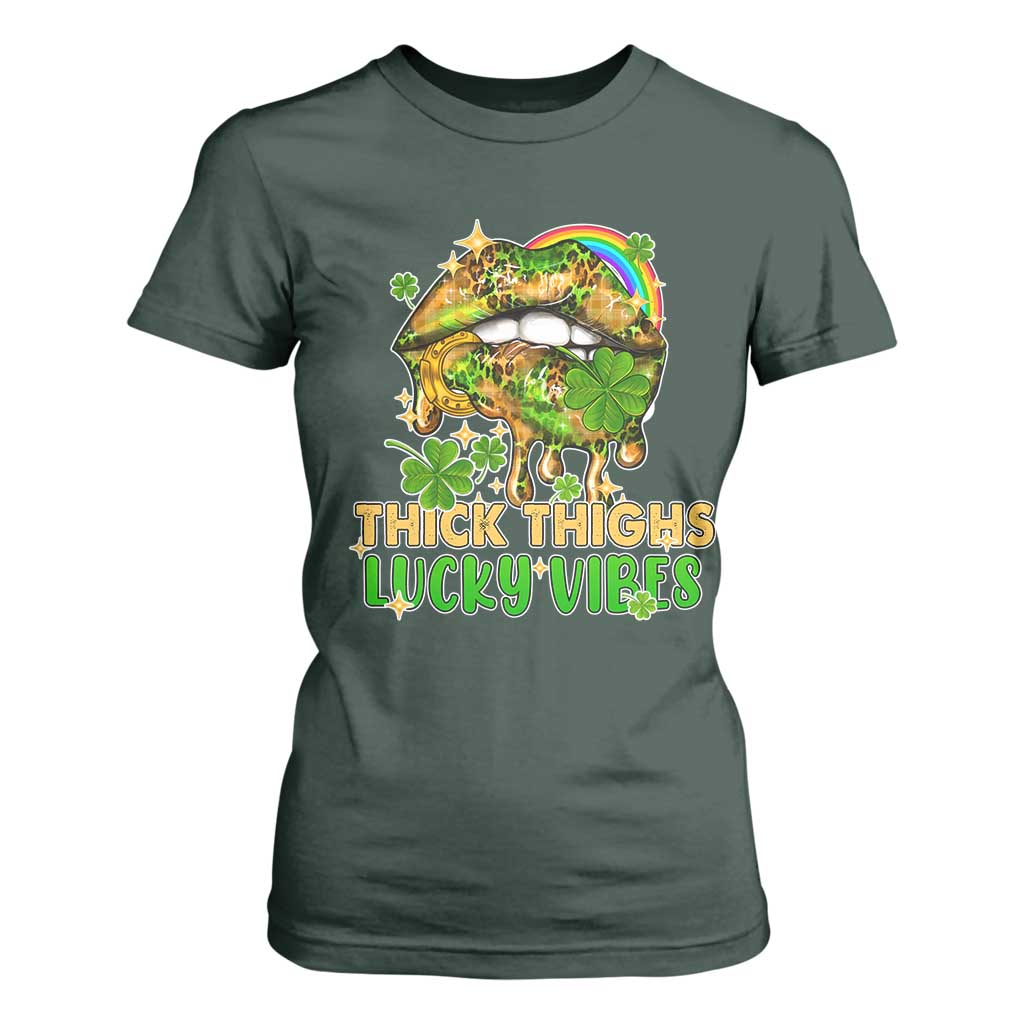 Funny St Patricks Day Women T Shirt For Women Thick Thighs Lucky Vibes Leopard Biting Lips TS02 Dark Forest Green Print Your Wear