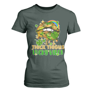 Funny St Patricks Day Women T Shirt For Women Thick Thighs Lucky Vibes Leopard Biting Lips TS02 Dark Forest Green Print Your Wear