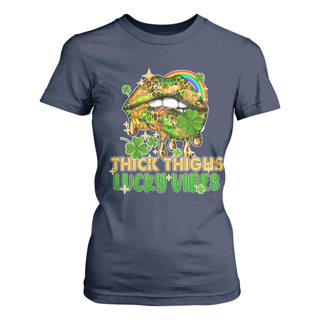 Funny St Patricks Day Women T Shirt For Women Thick Thighs Lucky Vibes Leopard Biting Lips TS02 Navy Print Your Wear
