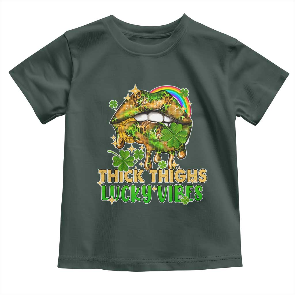 Funny St Patricks Day Women Toddler T Shirt Thick Thighs Lucky Vibes Leopard Biting Lips TS02 Dark Forest Green Print Your Wear