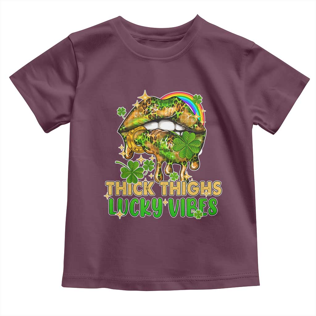Funny St Patricks Day Women Toddler T Shirt Thick Thighs Lucky Vibes Leopard Biting Lips TS02 Maroon Print Your Wear