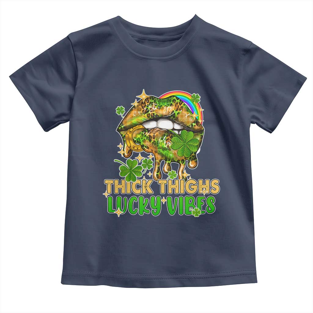 Funny St Patricks Day Women Toddler T Shirt Thick Thighs Lucky Vibes Leopard Biting Lips TS02 Navy Print Your Wear