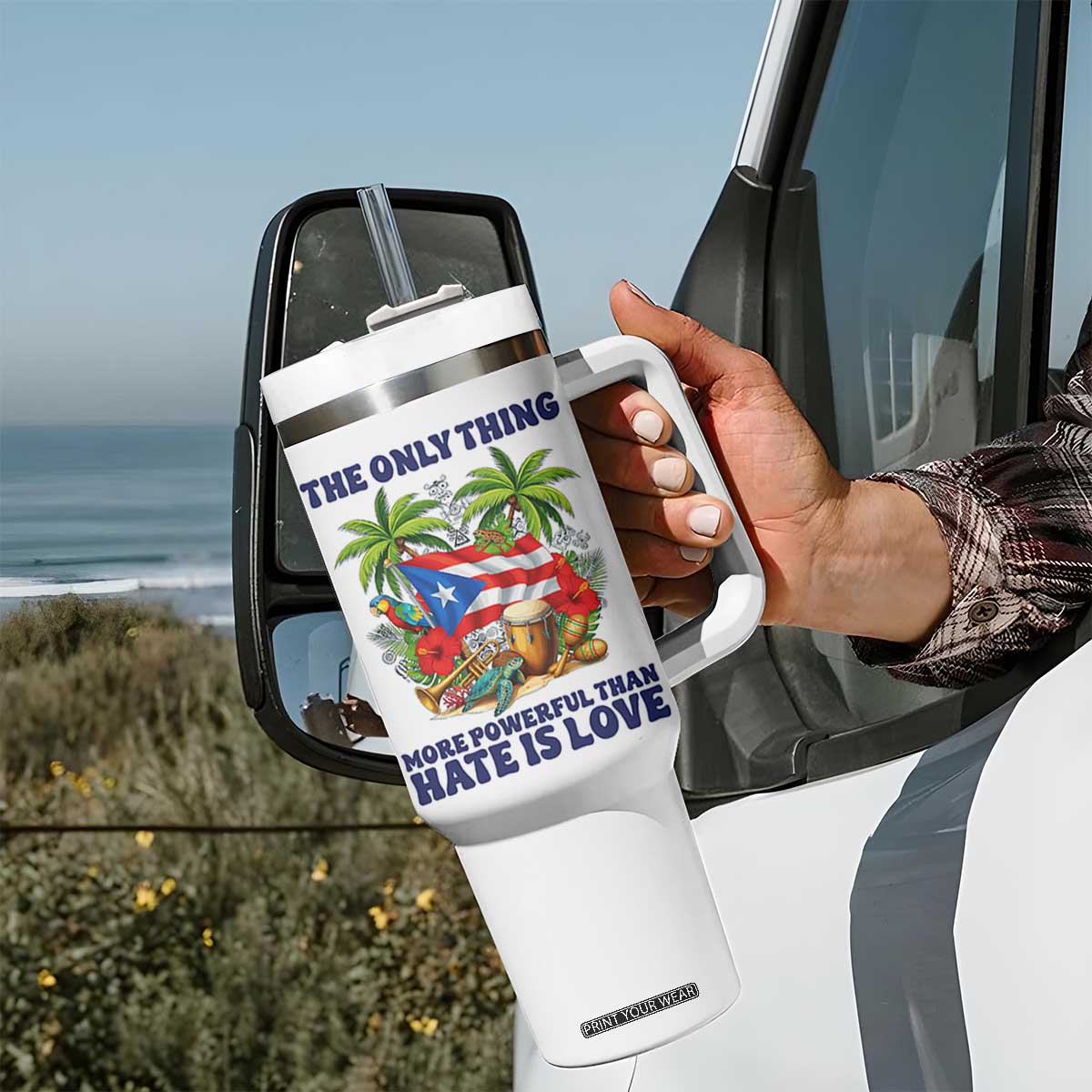 The Only Thing More Powerful Than Hate Is Love Puerto Rico Tumbler With Handle Unity and Love Boricua Heritage Pride TS02 Print Your Wear