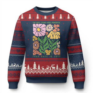 The Only Thing More Powerful Than Hate Is Love Ugly Christmas Sweater Retro Floral Bunny Inspirational Quote TS02 Navy Red Print Your Wear