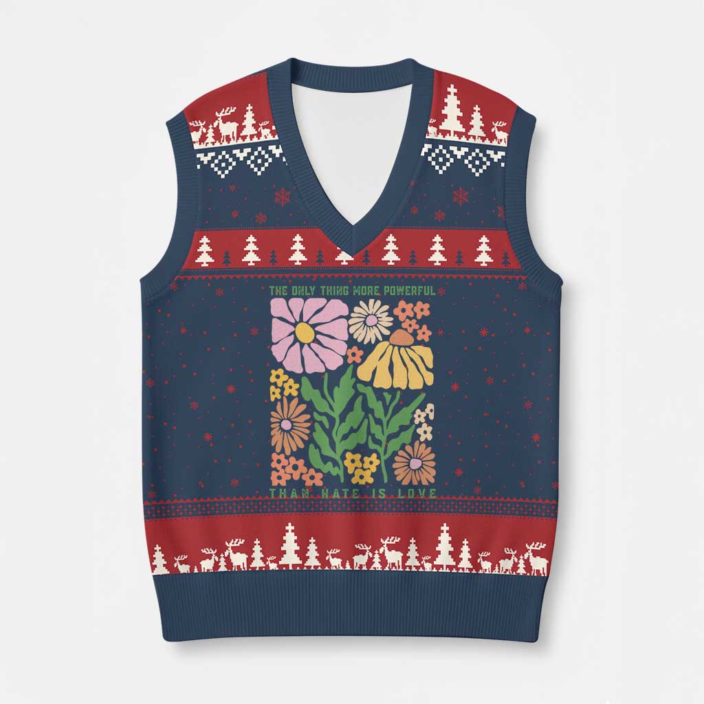 The Only Thing More Powerful Than Hate Is Love V-Neck Knit Sweater Vest Retro Floral Bunny Inspirational Quote TS02 Navy Red Print Your Wear