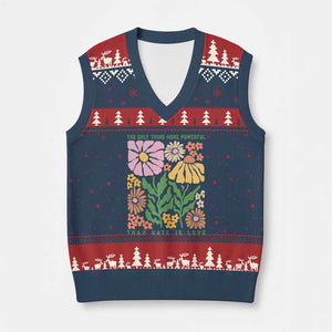 The Only Thing More Powerful Than Hate Is Love V-Neck Knit Sweater Vest Retro Floral Bunny Inspirational Quote TS02 Navy Red Print Your Wear