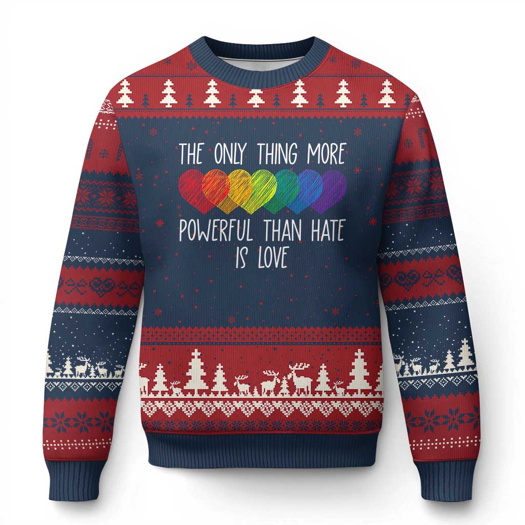 The Only Thing More Powerful Than Hate Is Love Ugly Christmas Sweater Rainbow Hearts Pride Unity Bunny Inspirational Quote TS02 Navy Red Print Your Wear