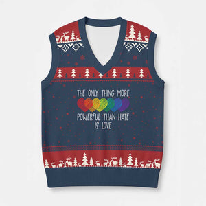 The Only Thing More Powerful Than Hate Is Love V-Neck Knit Sweater Vest Rainbow Hearts Pride Unity Bunny Inspirational Quote TS02 Navy Red Print Your Wear