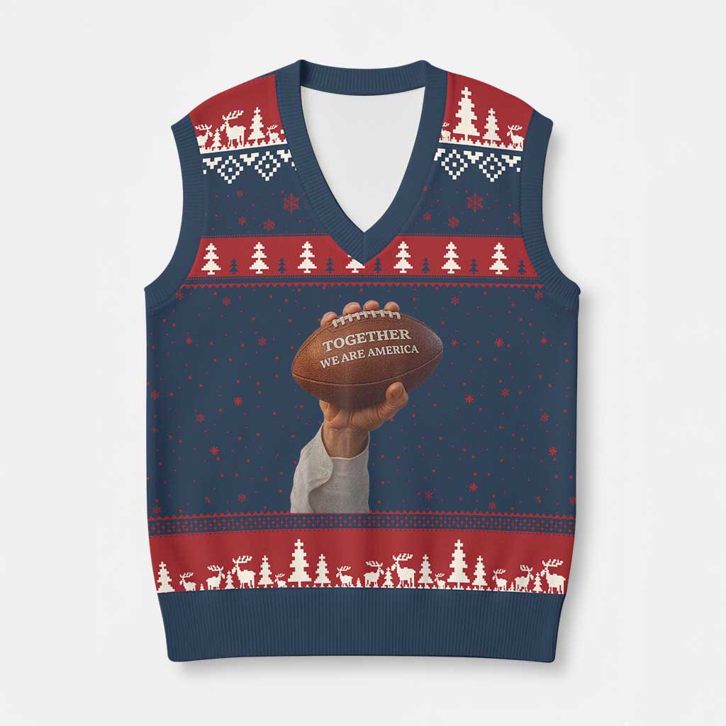 Together We Are America Bunny Holding Football V-Neck Knit Sweater Vest Unity Game Day Inspirational Quote TS02 Navy Red Print Your Wear