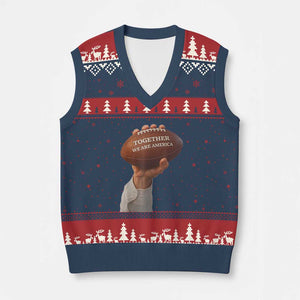 Together We Are America Bunny Holding Football V-Neck Knit Sweater Vest Unity Game Day Inspirational Quote TS02 Navy Red Print Your Wear