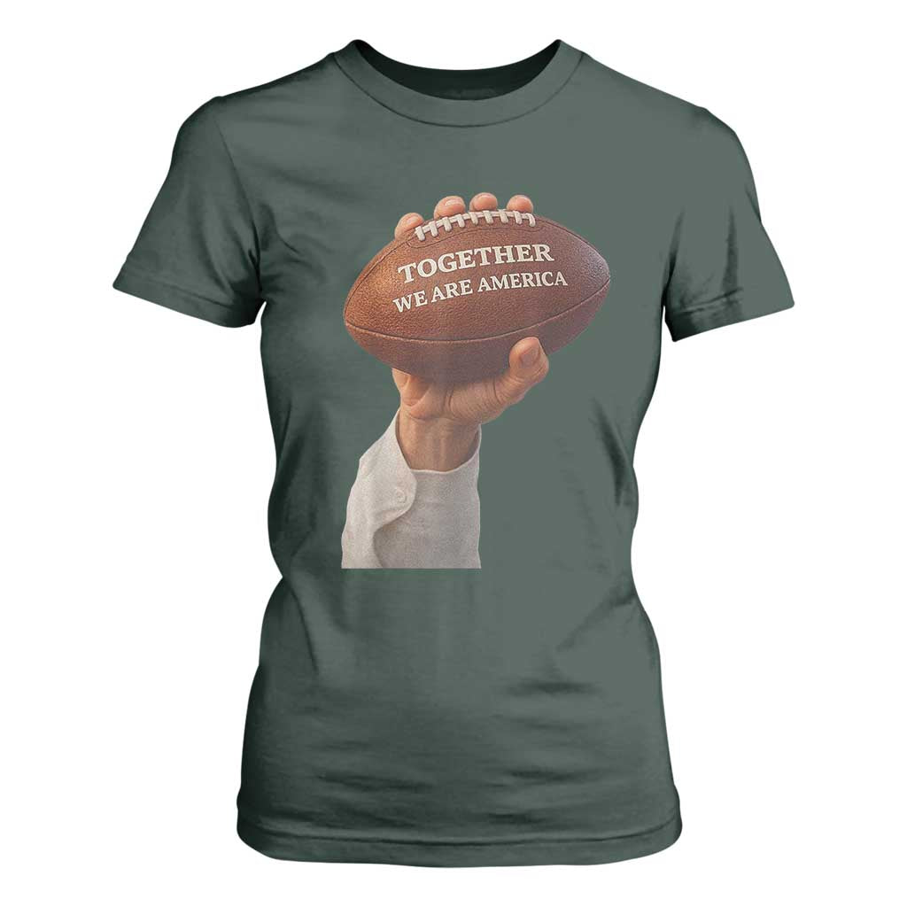 Together We Are America Bunny Holding Football T Shirt For Women Unity Game Day Inspirational Quote TS02 Dark Forest Green Print Your Wear
