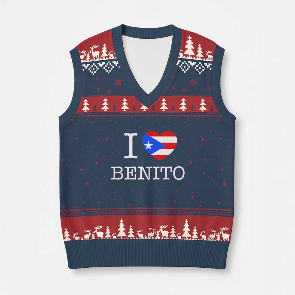 I Love Benito Puerto Rico Flag Heart V-Neck Knit Sweater Vest Boricua Music Fan Game Day Everyday TS02 Navy Red Print Your Wear