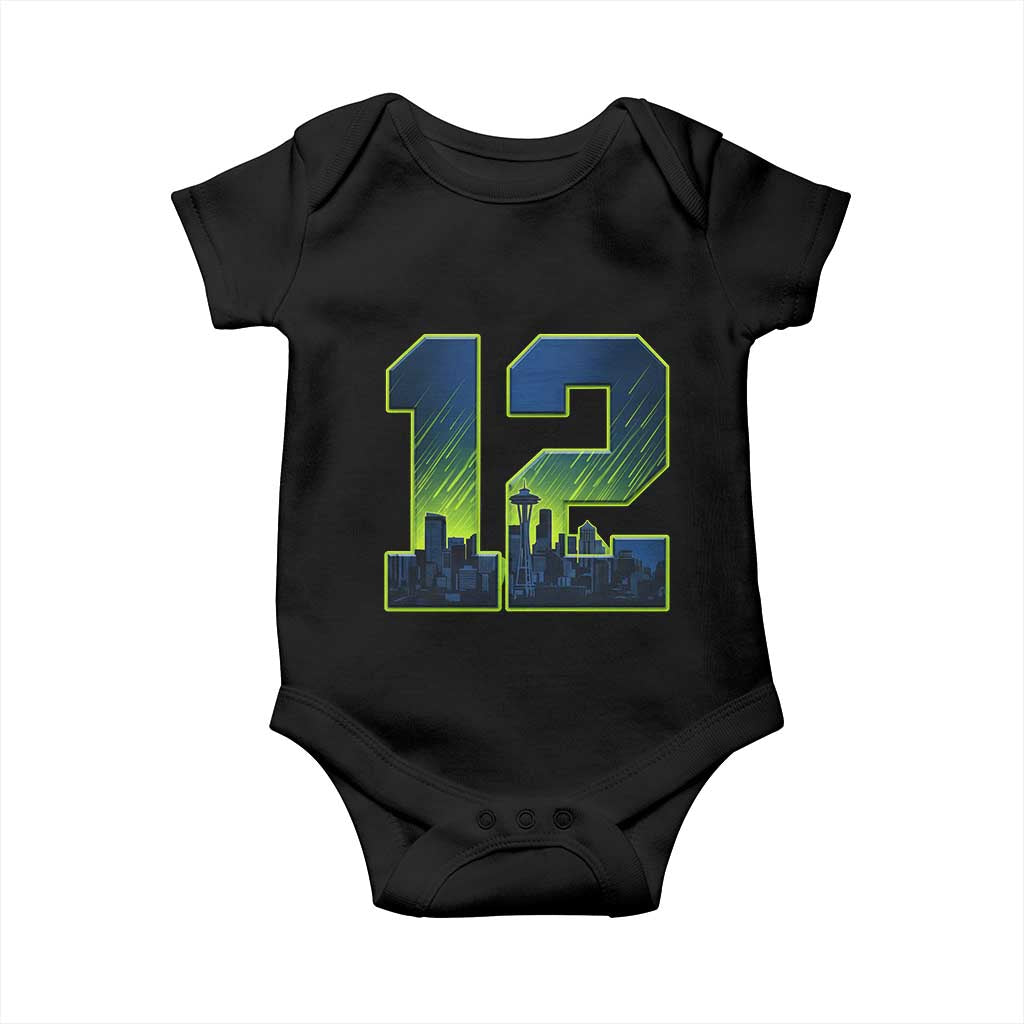 Seattle Skyline Number 12 Graphic Baby Onesie Pacific Northwest Emerald City Sports Fan Pride TS02 Black Print Your Wear