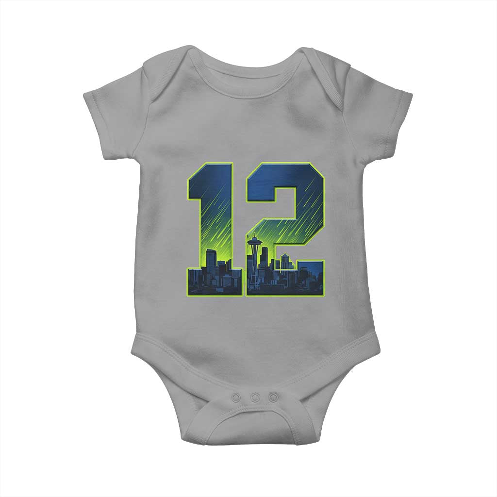 Seattle Skyline Number 12 Graphic Baby Onesie Pacific Northwest Emerald City Sports Fan Pride
