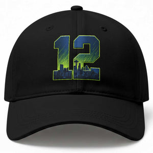 Seattle Skyline Number 12 Graphic Baseball Cap Pacific Northwest Emerald City Sports Fan Pride