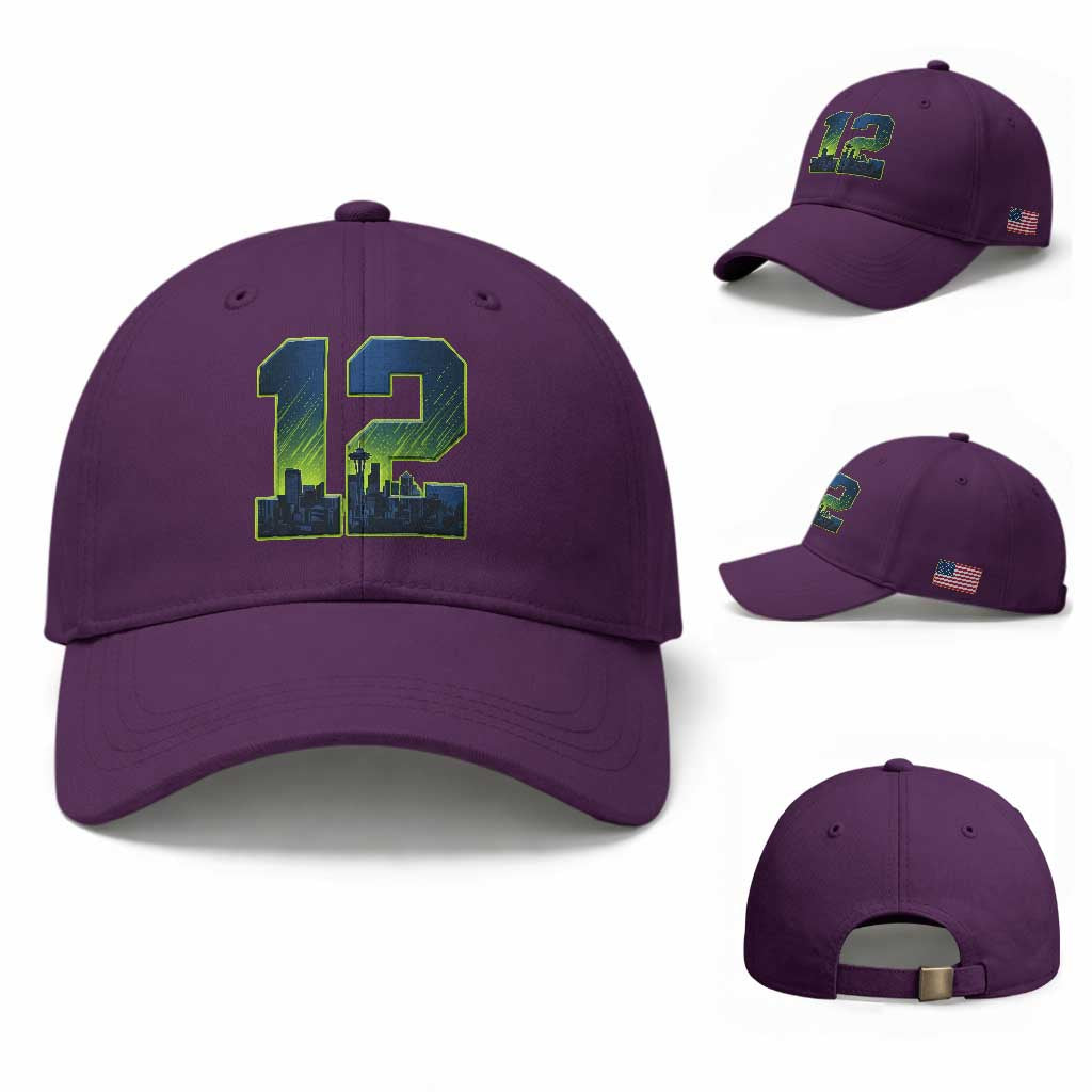 Seattle Skyline Number 12 Graphic Baseball Cap Pacific Northwest Emerald City Sports Fan Pride