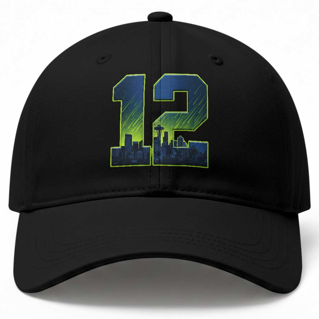Seattle Skyline Number 12 Graphic Baseball Cap Pacific Northwest Emerald City Sports Fan Pride TS02 Print Your Wear