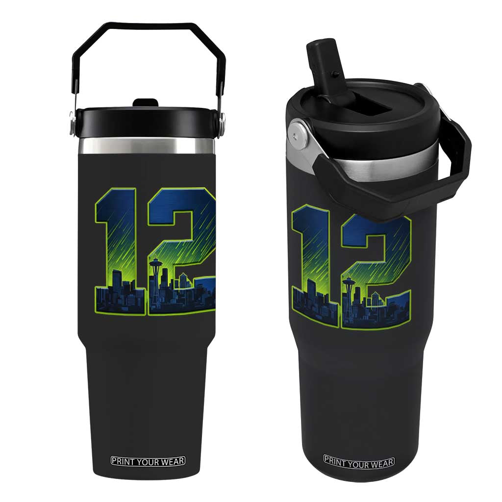 Seattle Skyline Number 12 Graphic Flip Straw Tumbler Pacific Northwest Emerald City Sports Fan Pride TS02 One Size: 30 oz Black Print Your Wear