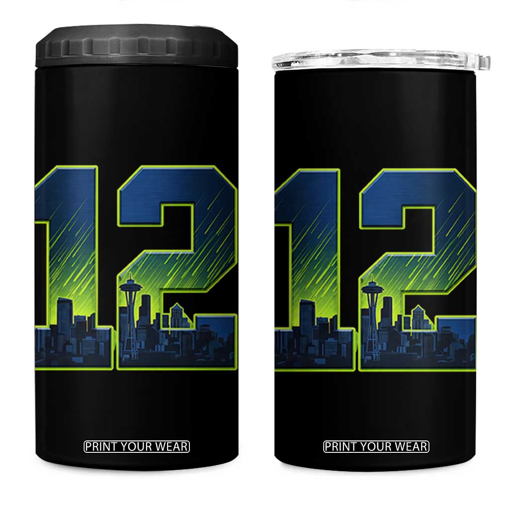 Seattle Skyline Number 12 Graphic 4 in 1 Can Cooler Tumbler Pacific Northwest Emerald City Sports Fan Pride