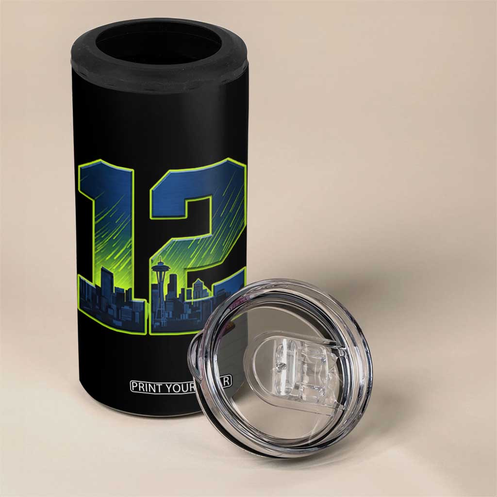 Seattle Skyline Number 12 Graphic 4 in 1 Can Cooler Tumbler Pacific Northwest Emerald City Sports Fan Pride