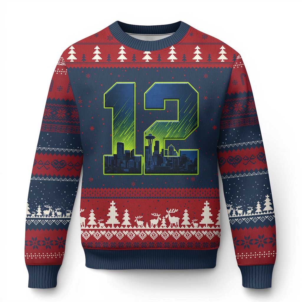 Seattle Skyline Number 12 Graphic Ugly Christmas Sweater Pacific Northwest Emerald City Sports Fan Pride
