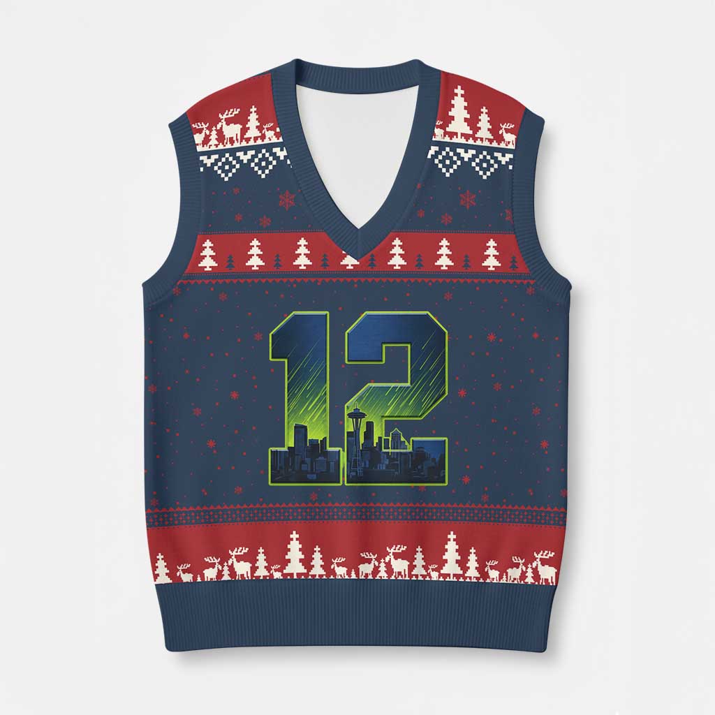 Seattle Skyline Number 12 Graphic V-Neck Knit Sweater Vest Pacific Northwest Emerald City Sports Fan Pride TS02 Navy Red Print Your Wear