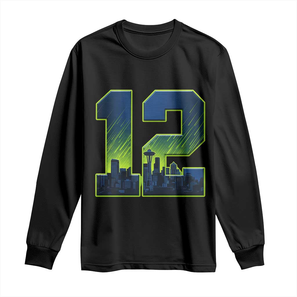 Seattle Skyline Number 12 Graphic Long Sleeve Shirt Pacific Northwest Emerald City Sports Fan Pride TS02 Black Print Your Wear