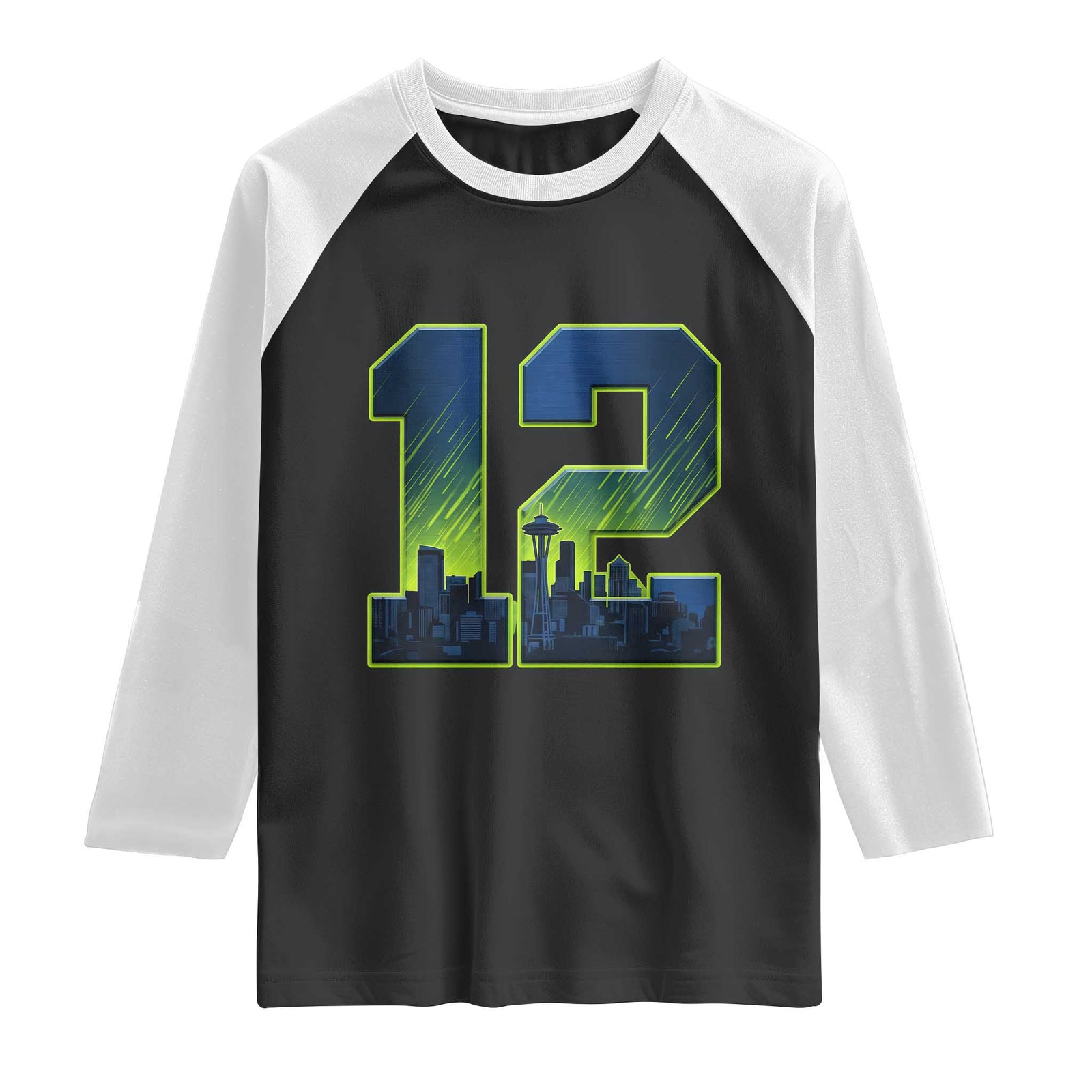 Seattle Skyline Number 12 Graphic Raglan Shirt Pacific Northwest Emerald City Sports Fan Pride TS02 Black White Print Your Wear