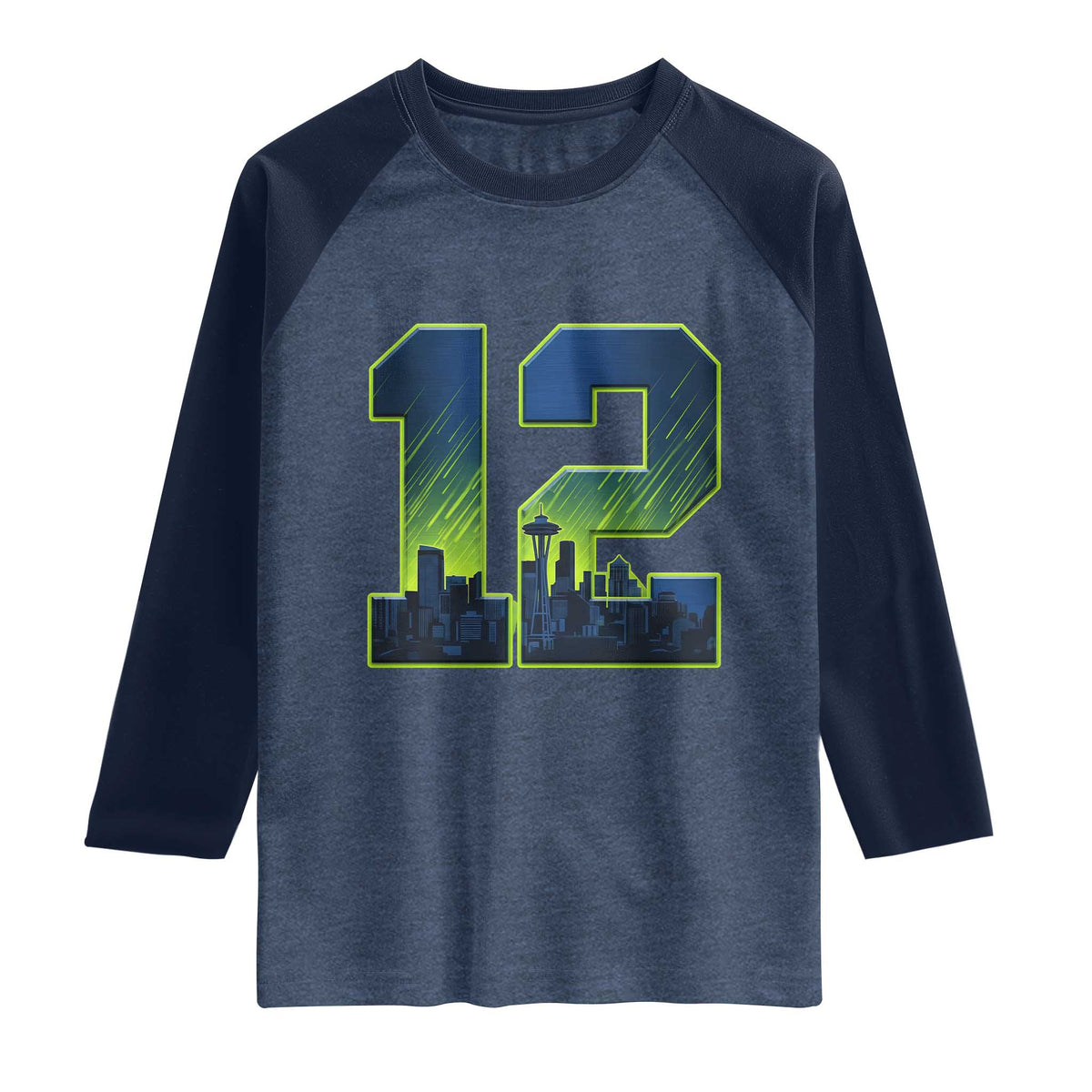 Seattle Skyline Number 12 Graphic Raglan Shirt Pacific Northwest Emerald City Sports Fan Pride