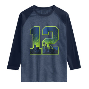 Seattle Skyline Number 12 Graphic Raglan Shirt Pacific Northwest Emerald City Sports Fan Pride