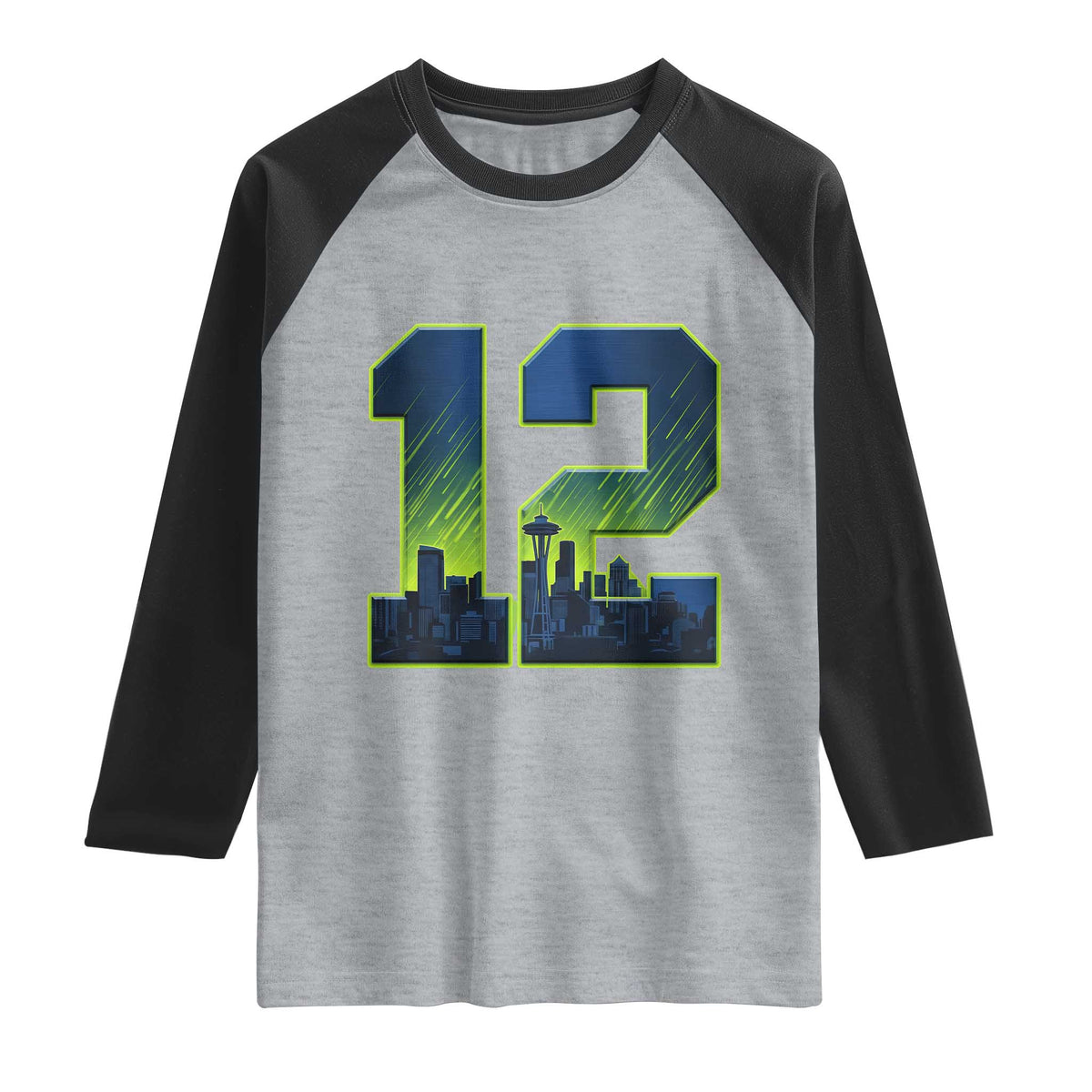 Seattle Skyline Number 12 Graphic Raglan Shirt Pacific Northwest Emerald City Sports Fan Pride