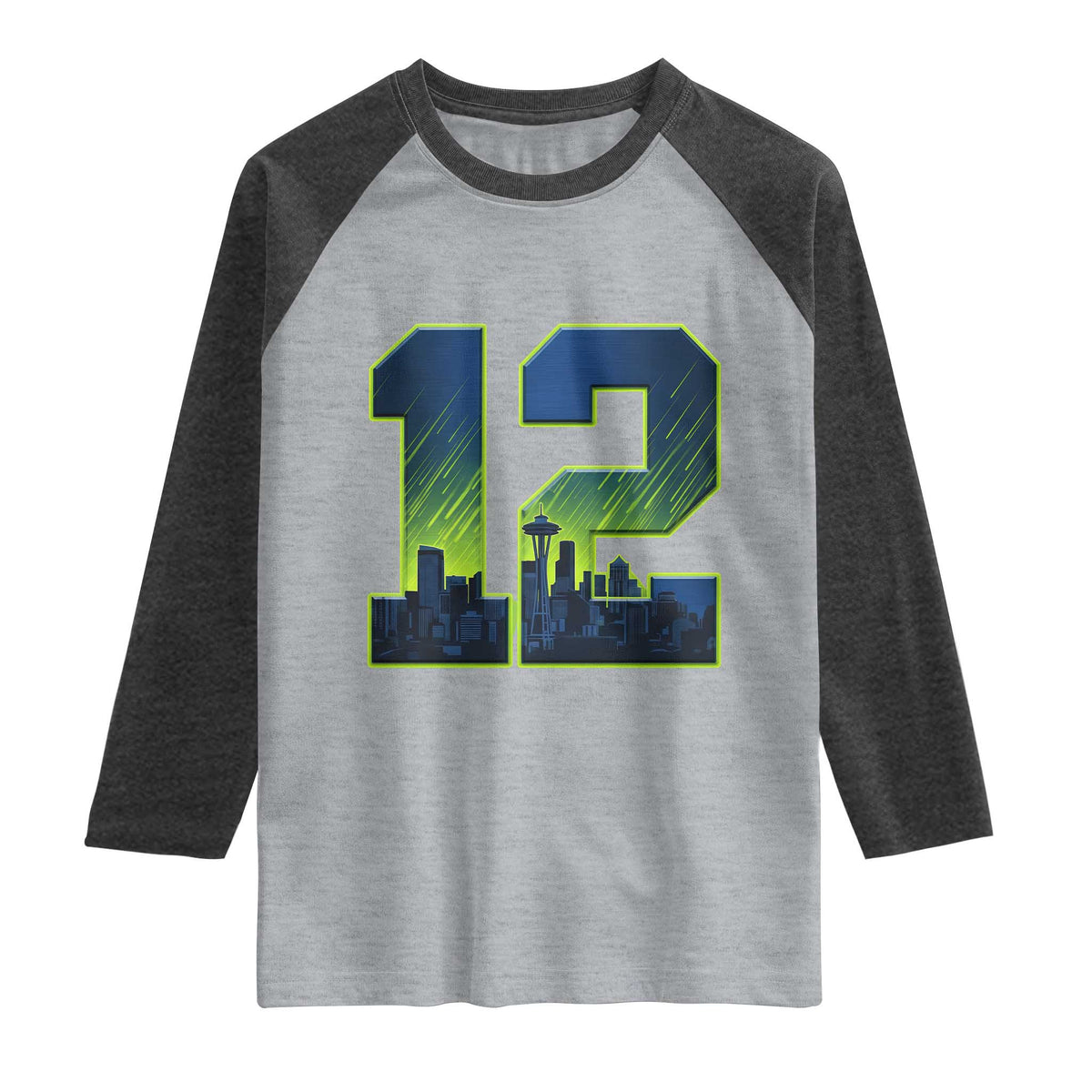 Seattle Skyline Number 12 Graphic Raglan Shirt Pacific Northwest Emerald City Sports Fan Pride